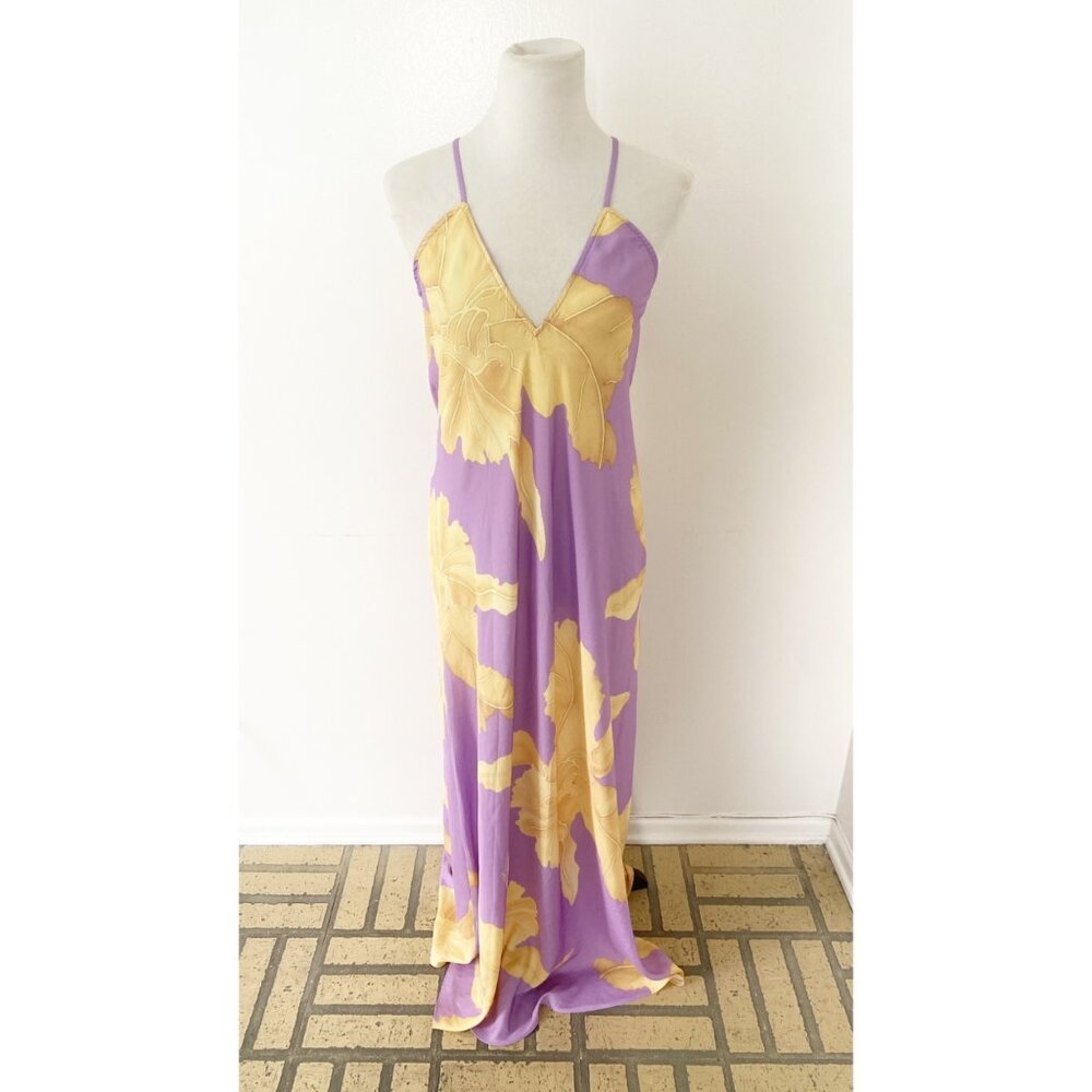 Ramona La Rue Tara Satin Slip Dress Floral Orchid Purple Yellow